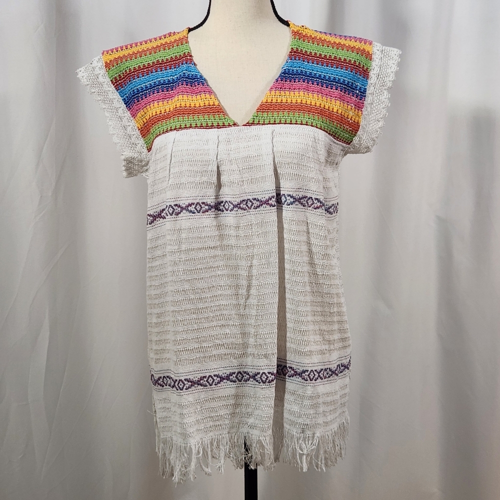 White Rainbow Mexican Shirt Blouse Embroidered Colorful Cotton
